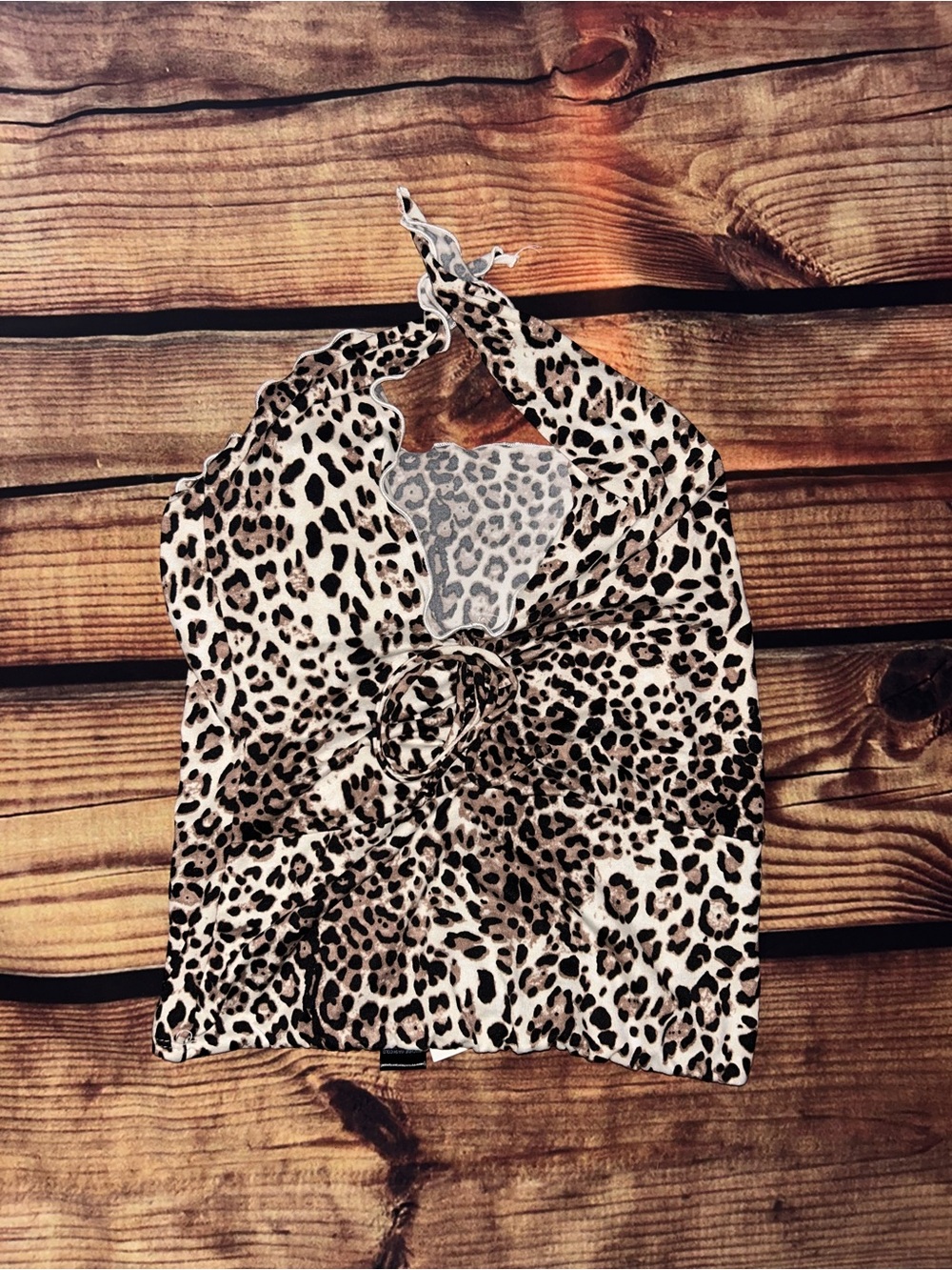 Leopard Print Halter Crop Top - Beige/Black